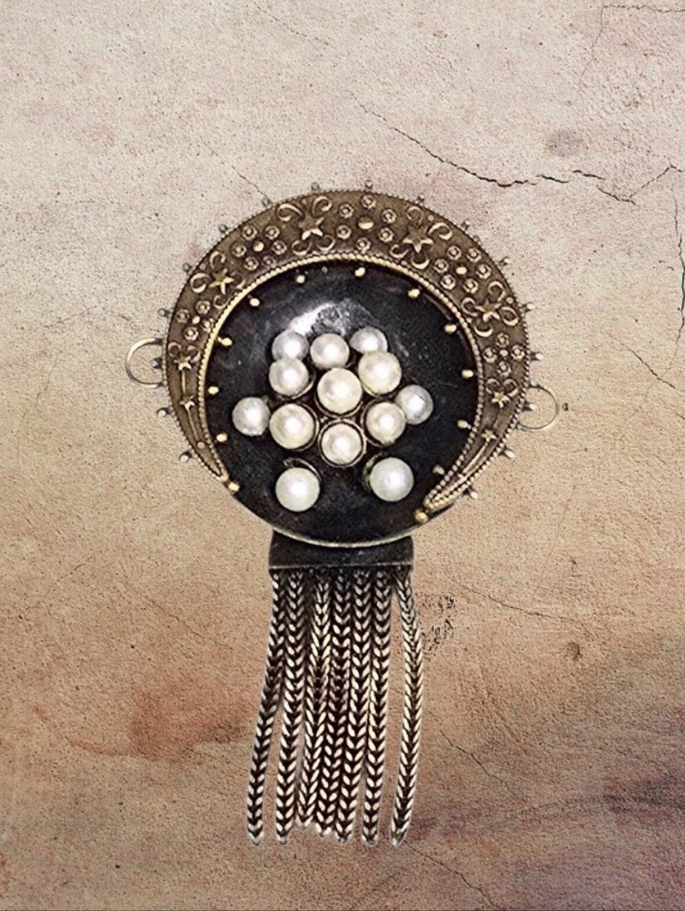 Judith Green (Ripka) Vintage Brass Fringe &  Pearls Brooch - RARE